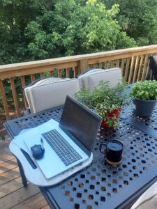 The author’s back porch and laptop, where she both worked and relaxed during the stay-at-home period.