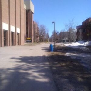 An empty exterior corridor on the Michigan Tech campus. 